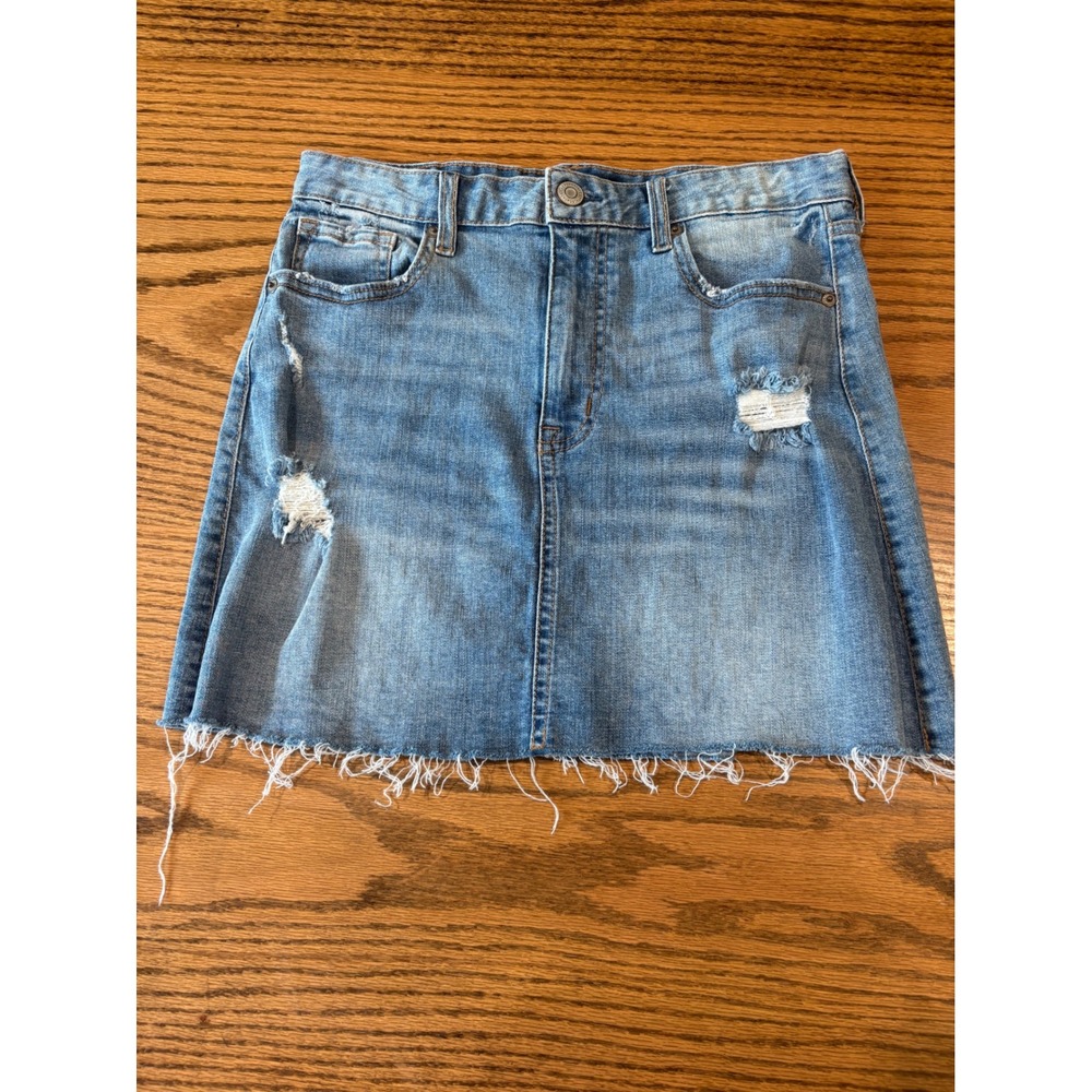 Aeropostale Womens Distressed Denim Mini Skirt Medium Wash Raw Hem Size 6